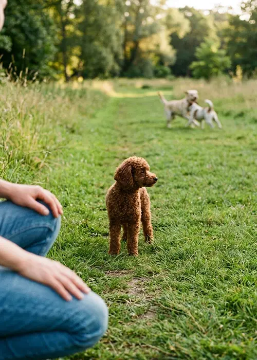 Chien qui ignore le rappel en extérieur lors d'une balade éducative, travail de la généralisation des apprentissages avec un éducateur comportementaliste